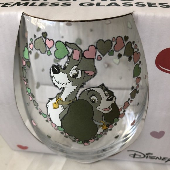 Disney Stemless Wine Glass Set Lady & The Tramp Set of 2 NEW - Picture 9 of 9